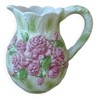 Pichet en céramique décor fleurs roses et feuilles vintage