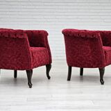 1950s, pair of two Danish lounge chairs, red cotton/wool fabric, beech wood.