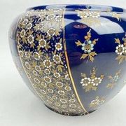 Limoges porcelain flowerpot with gold enamel decoration and blue relief flowers from Four
