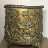 Antique Napoleon III Brass Planter with Embossed Hunting Scene Decor
