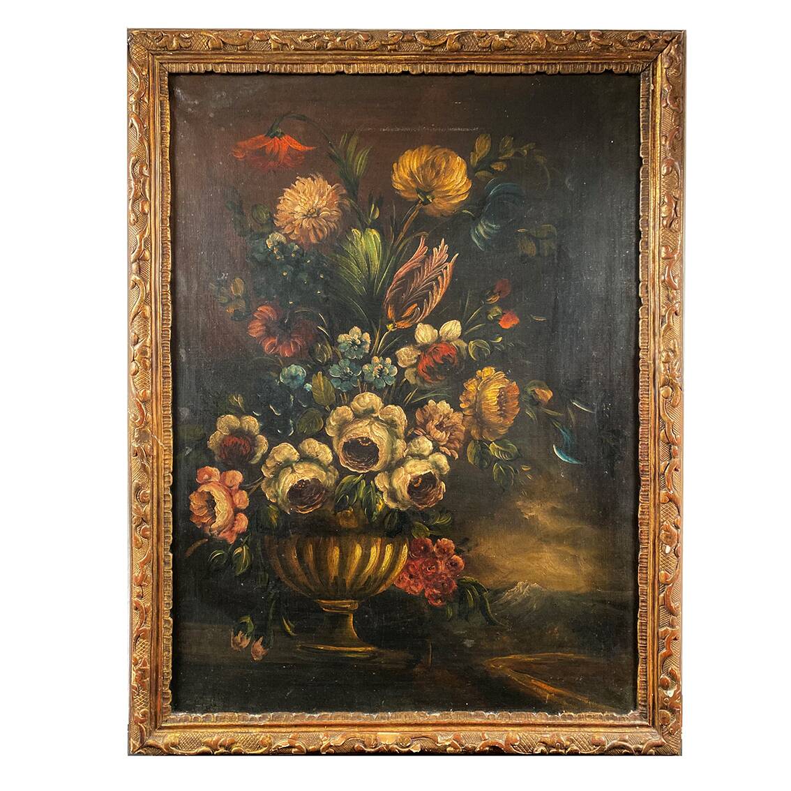 Dutch school 19th century, oil on canvas. “Bouquet of flowers on an entablature”.
