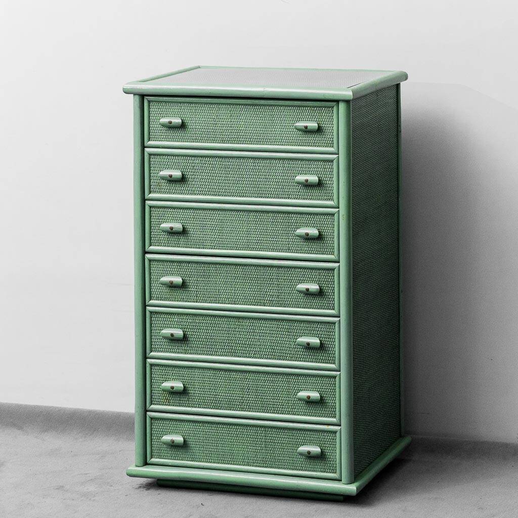 Cassettiera vintage rattan intrecciato verde anni ’60 modernariato