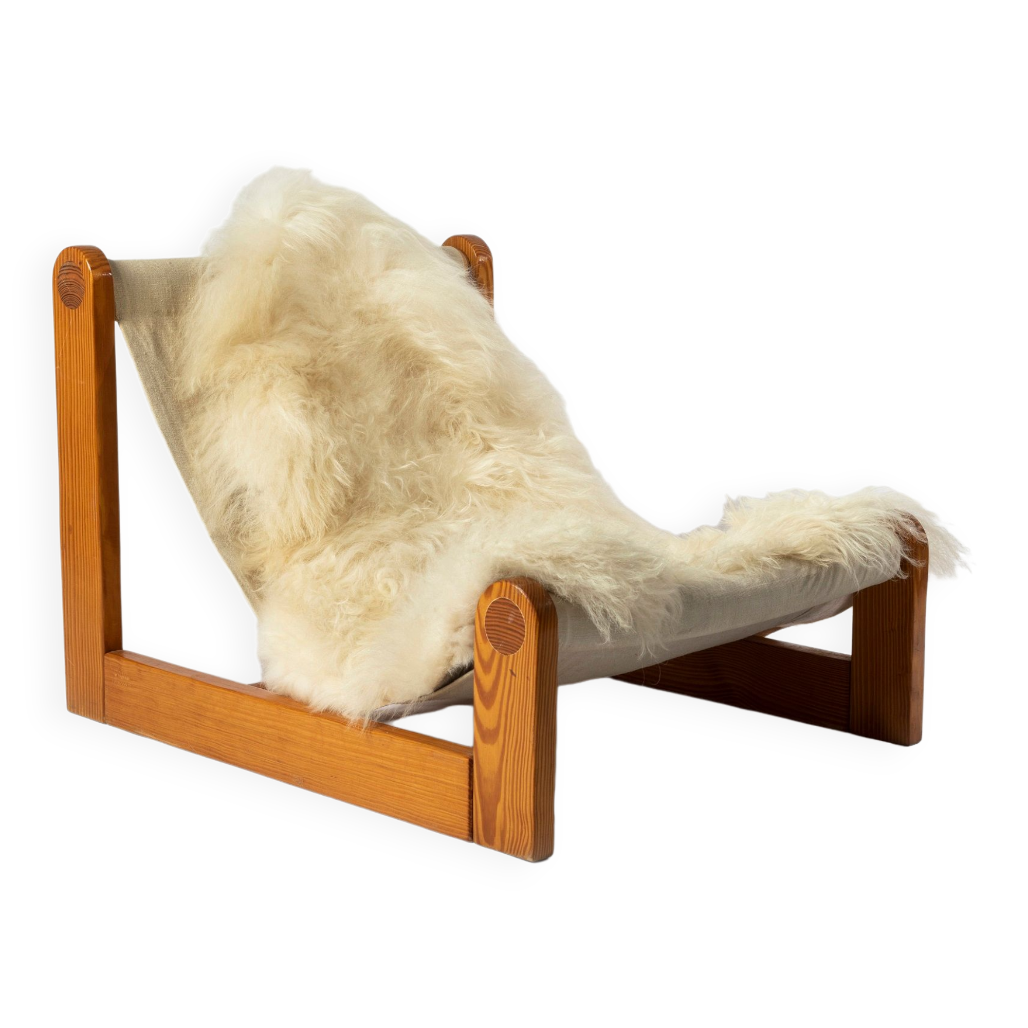 Brutalist sling lounge chair in Canvas, Pine and sheepskin, Belgium, 1970s