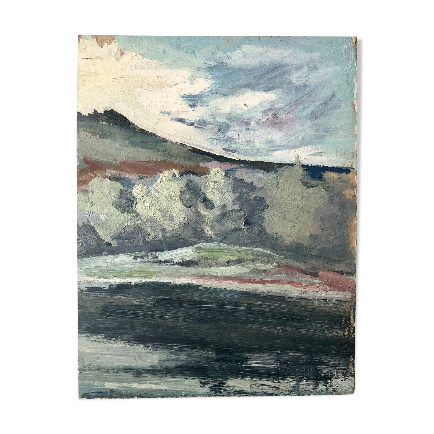 Ancient oil painting on French cardboard depicting landscapes - Recto-verso