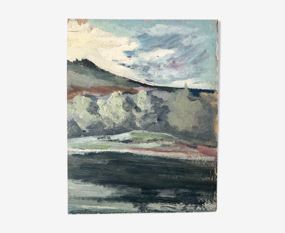 Peinture à l'huile ancienne sur carton française représentant des paysages - Recto-verso