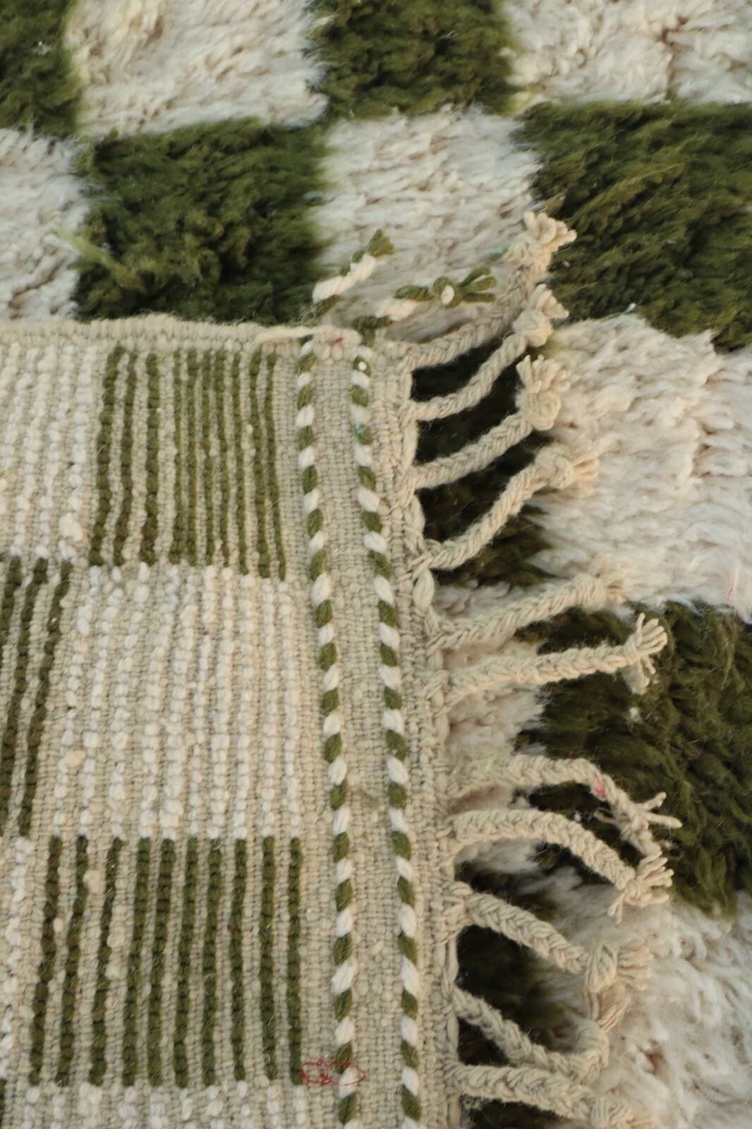 Beni Ouarain rug in Khaki Green and Cream Checkerboard, Handmade, 250x150cm