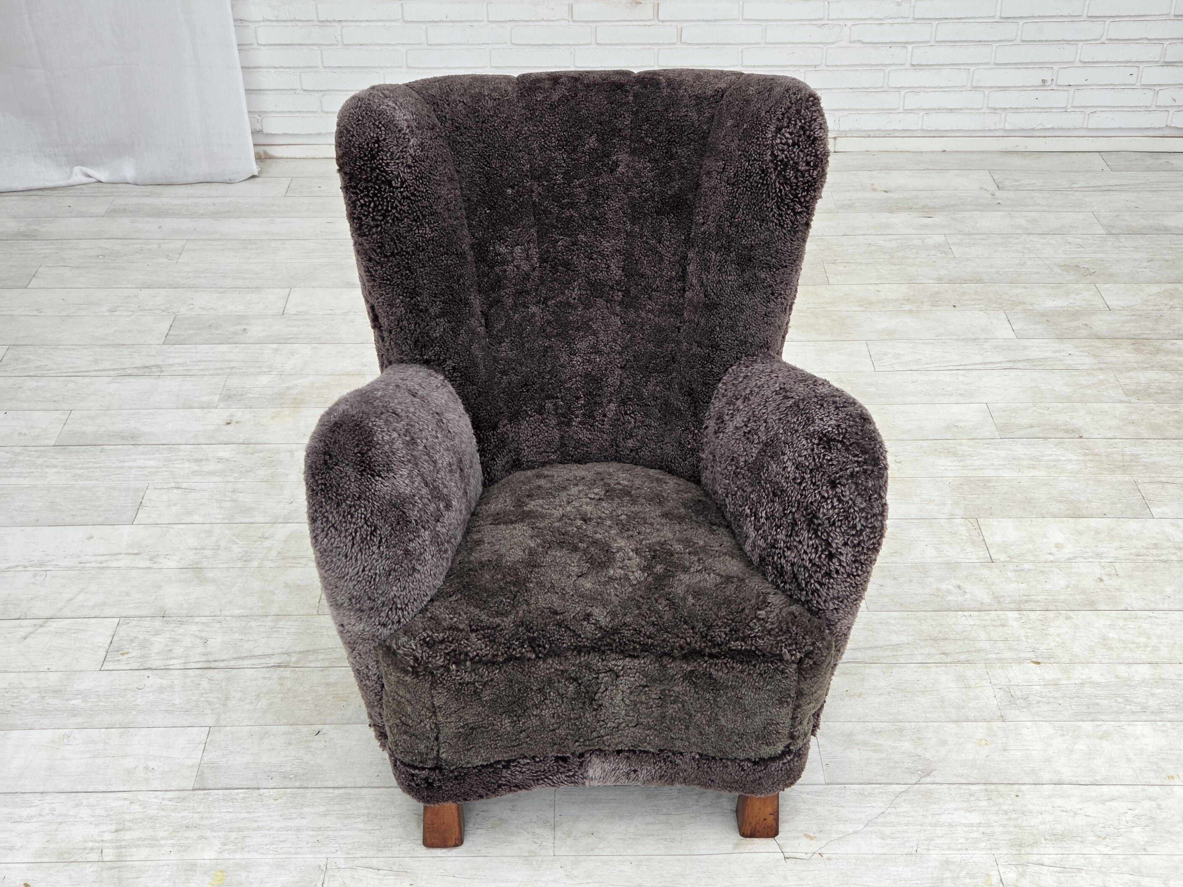 1960s, Danish design, reupholstered armchair, genuine sheepskin.
