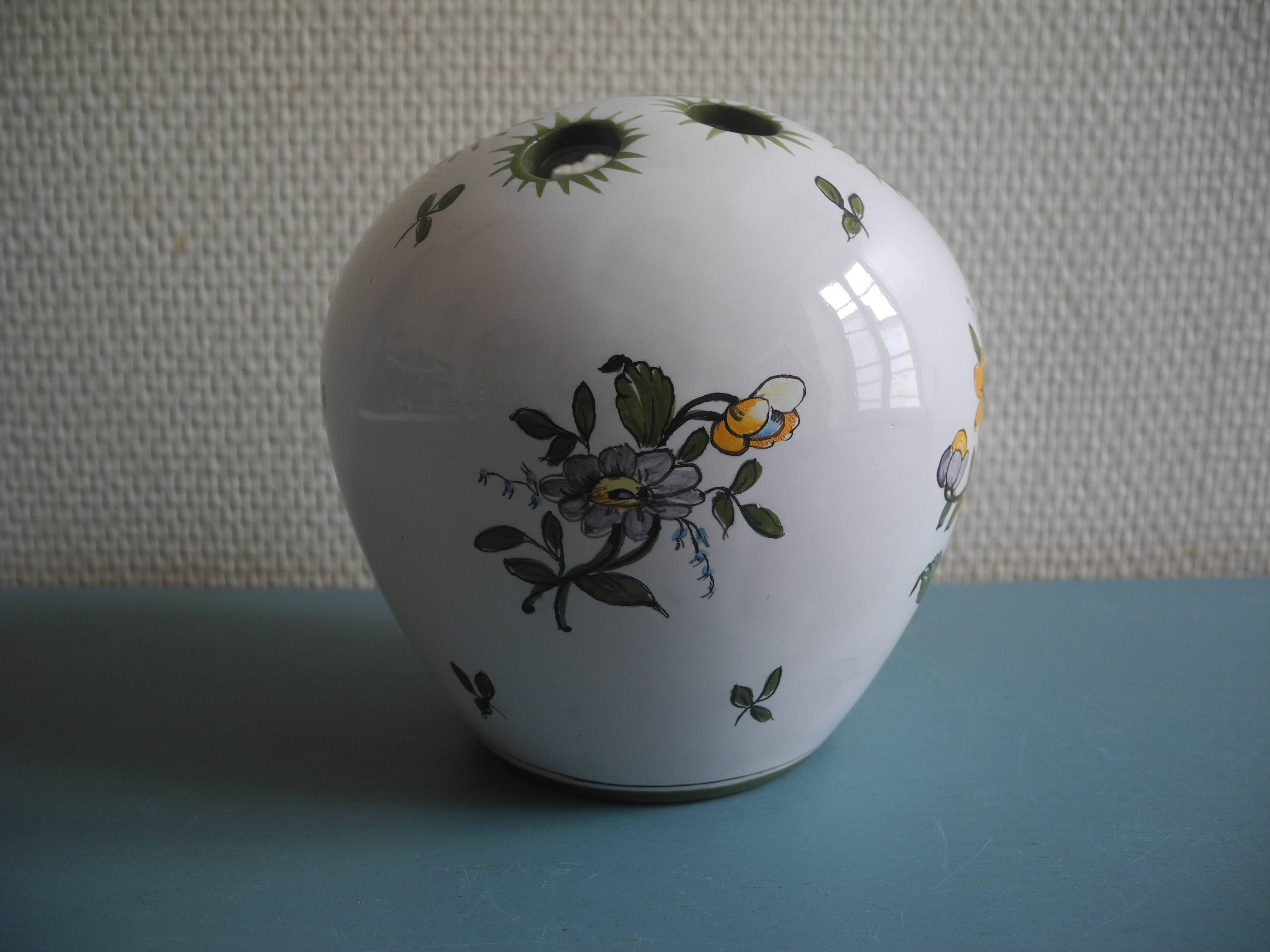 Lallier Moustiers vintage French vase bouquetière with floral decoration in faience.