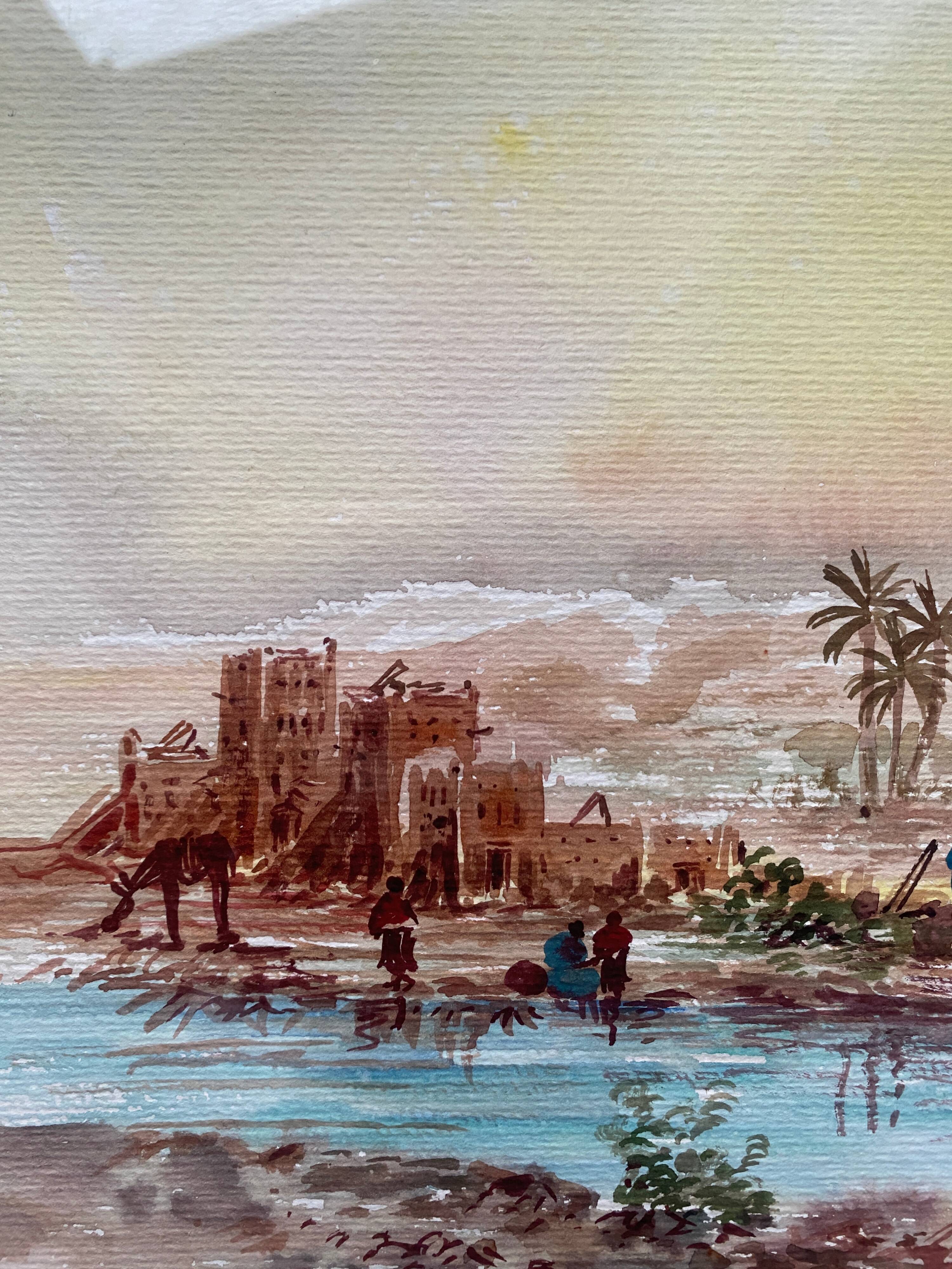 Watercolor painting "animated Orientalist landscape" B signed (to decipher) + frame