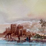 Watercolor painting "animated Orientalist landscape" B signed (to decipher) + frame