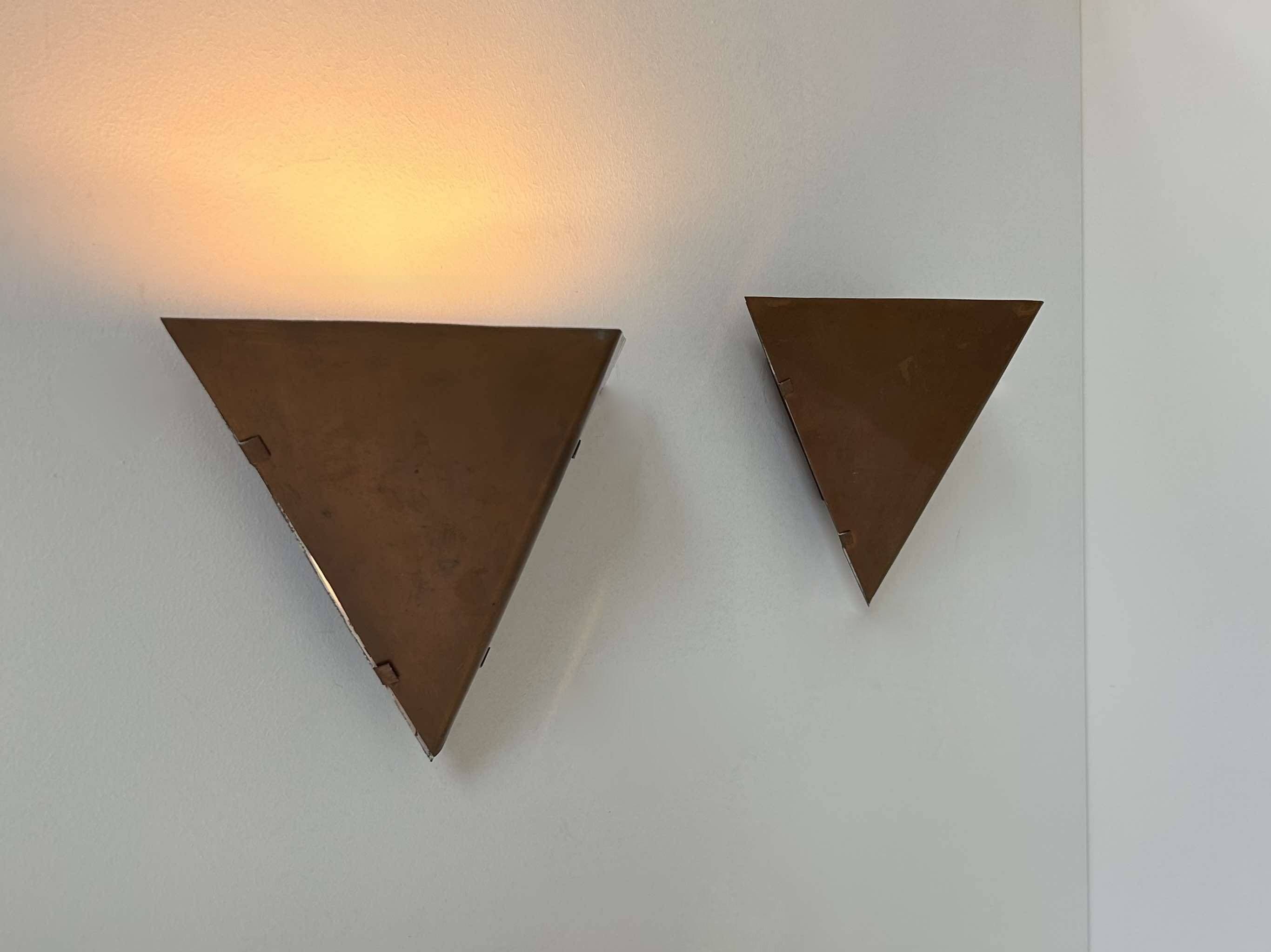 Pair of vintage geometric wall lights, patinated copper, France 1960