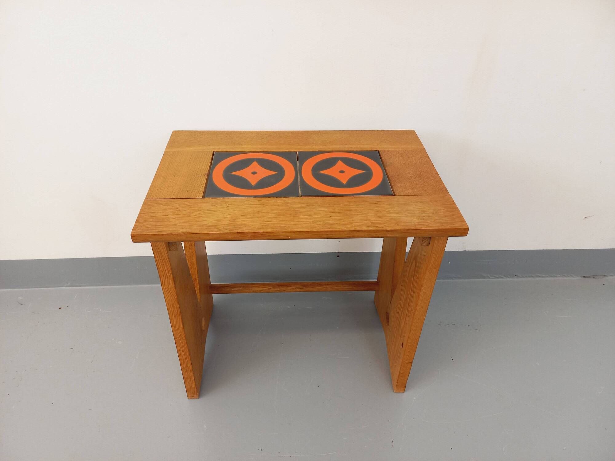 Vintage Guillerme and Chambron coffee and side table in solid oak and ceramic from the 50s and 60s