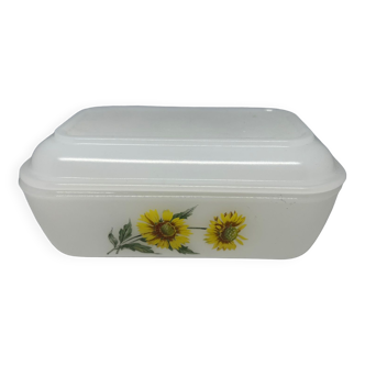 Ancien beurrier en verre Arcopal tournesol