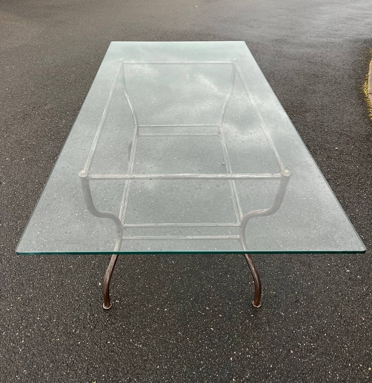 Rectangular table translucent glass top metal base vintage 1980