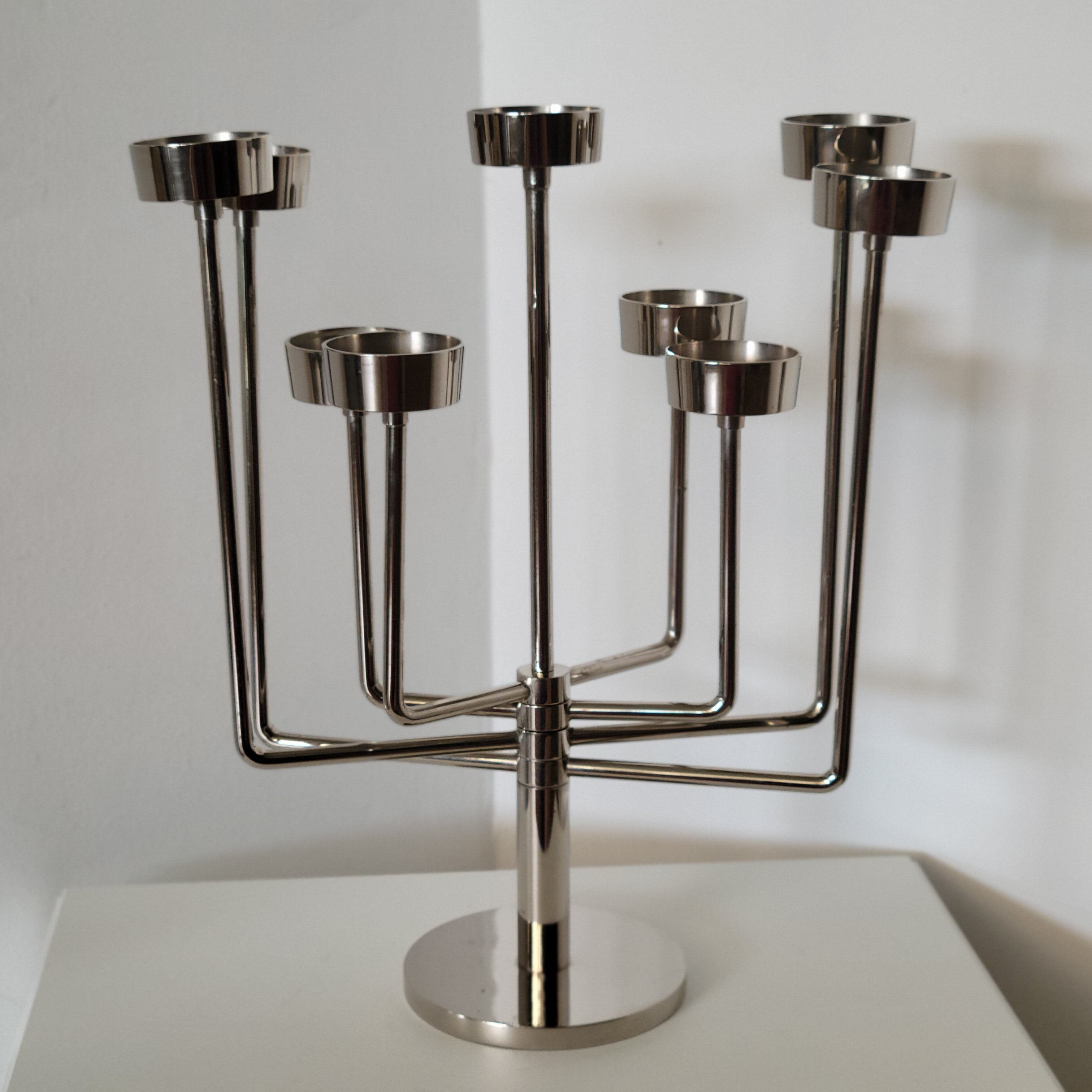 Candle holder with 9 branches in chrome-plated metal