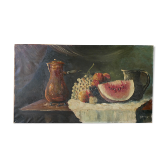 Table, oil on canvas, still life with fruit