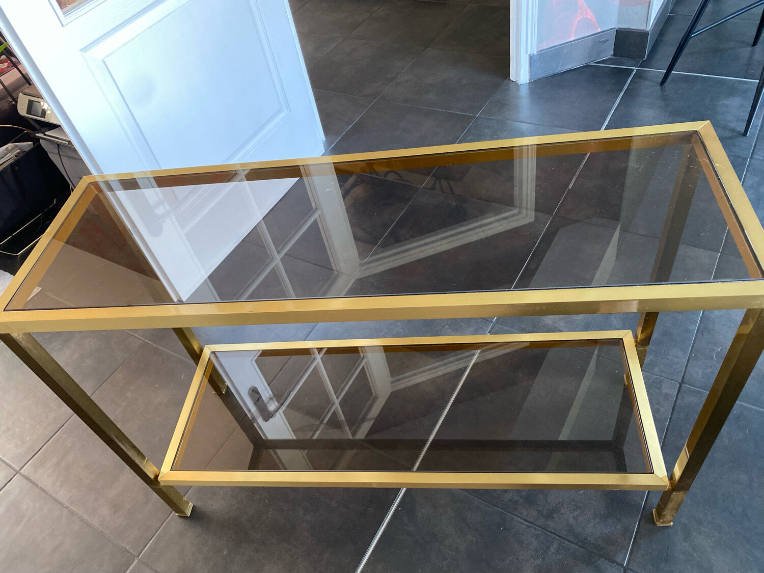 Console smoked glass and brass 70s