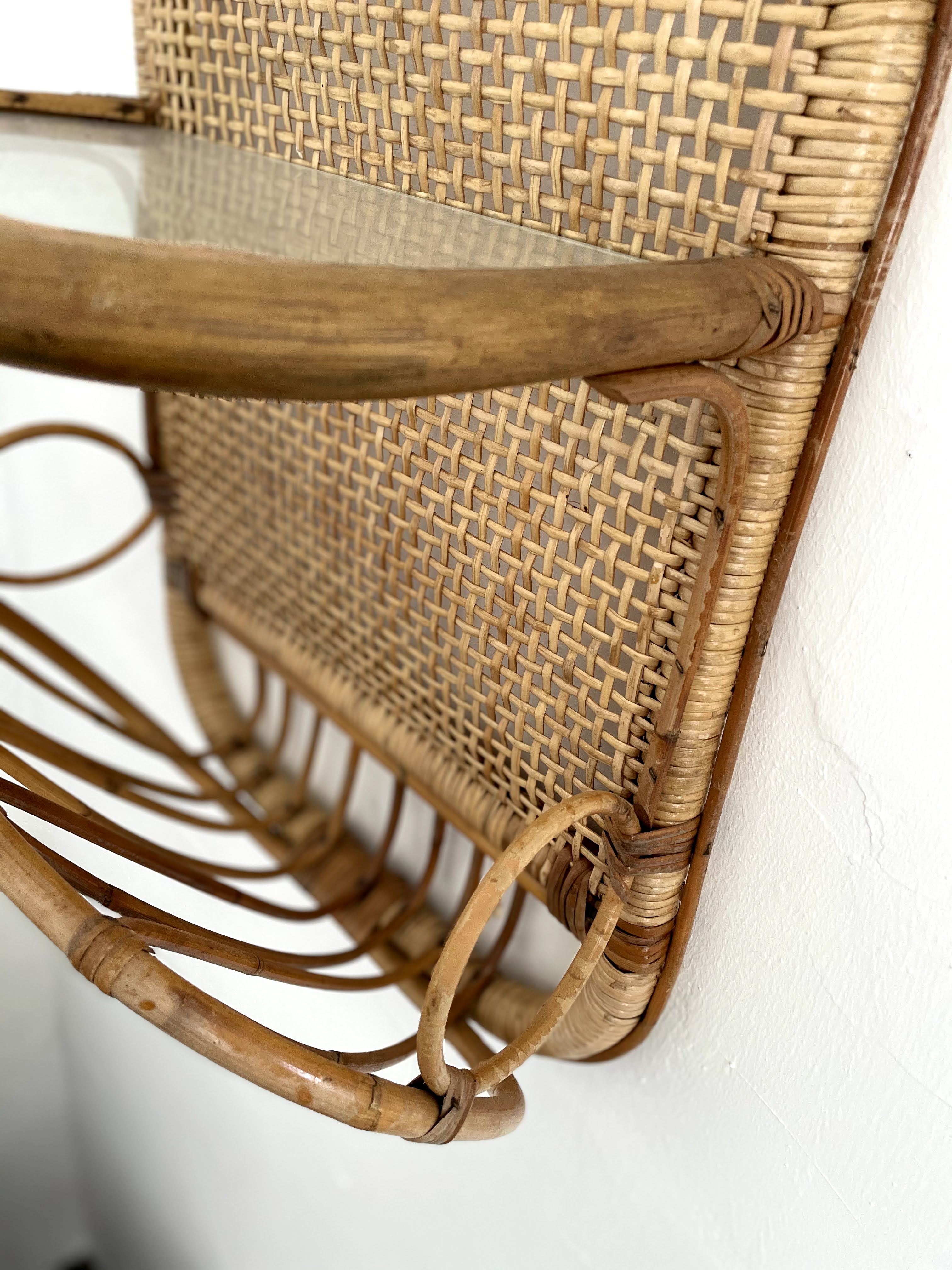 Mid-century bamboo and glass shelf with magazine stand, circa 1960, italy