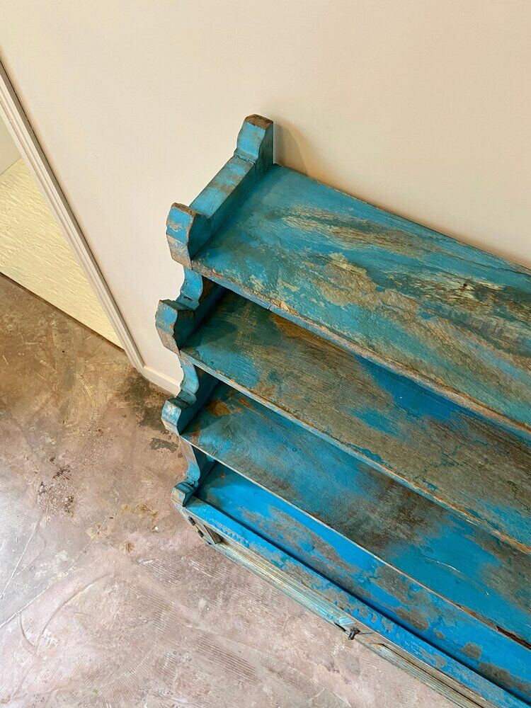 Sideboard 4 shelves and 2 glass doors in blue wood