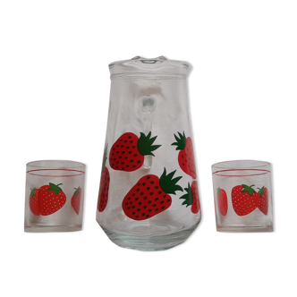Carafe and two glasses patterns strawberries italy - vintage