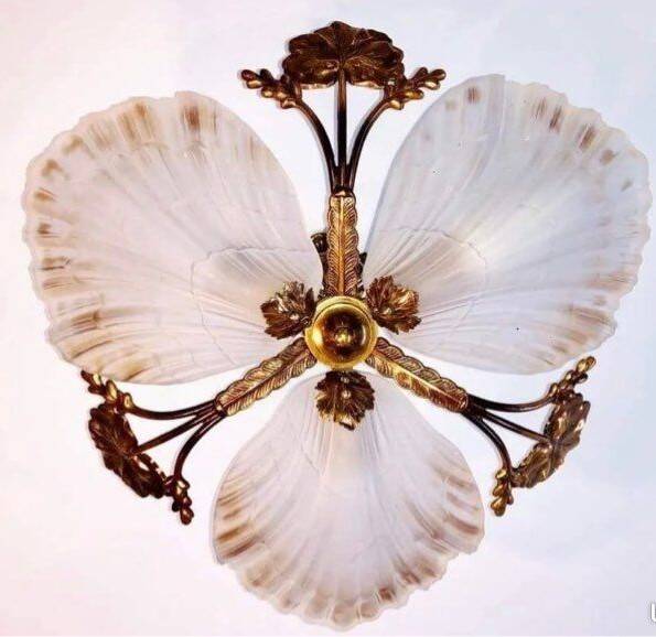 Art Deco ceiling chandelier in bronze and glass paste, old vintage light fixture dimensions 45x45