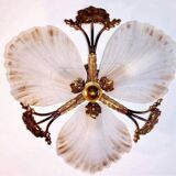 Art Deco ceiling chandelier in bronze and glass paste, old vintage light fixture dimensions 45x45