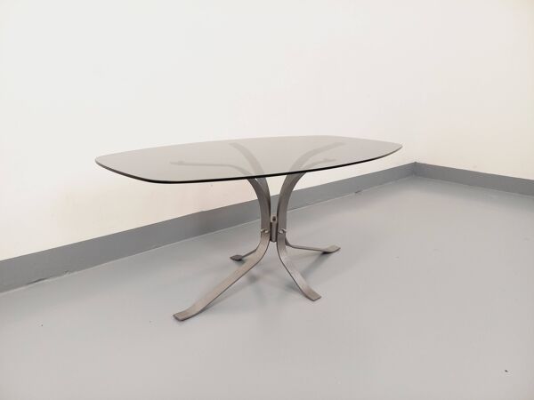 Table basse ovale rectangulaire arrondie vintage en verre et métal chromé des années 70