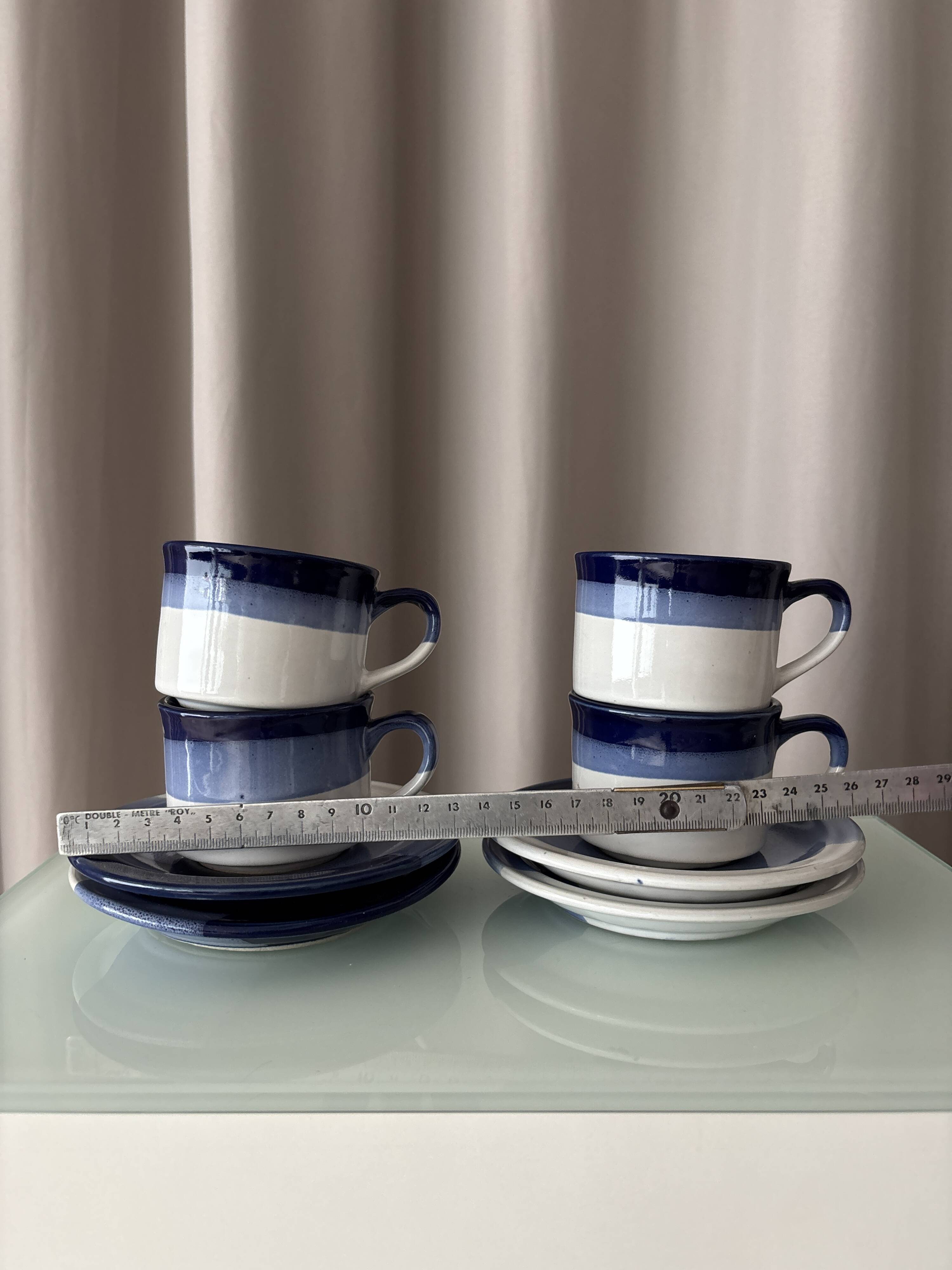 Set of 4 Vintage Studio Pottery Cups & Saucers – Hand Glazed Blue & White