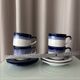 Set of 4 Vintage Studio Pottery Cups & Saucers – Hand Glazed Blue & White