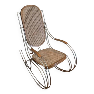 Vintage rocking chair cane steel and bent wood 1970