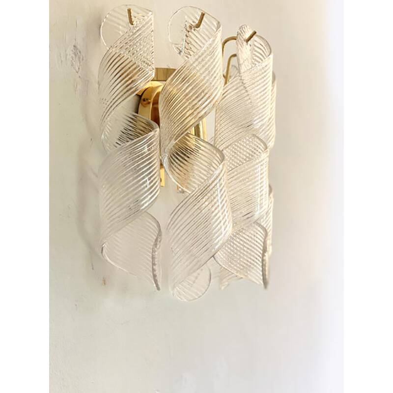 Set of Two Transparent “Ricci” Murano Glass Gold 24k Wall Sconces in Mazzega Style