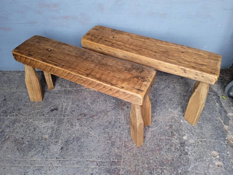 Pair of 2 patinated solid wood benches / stools