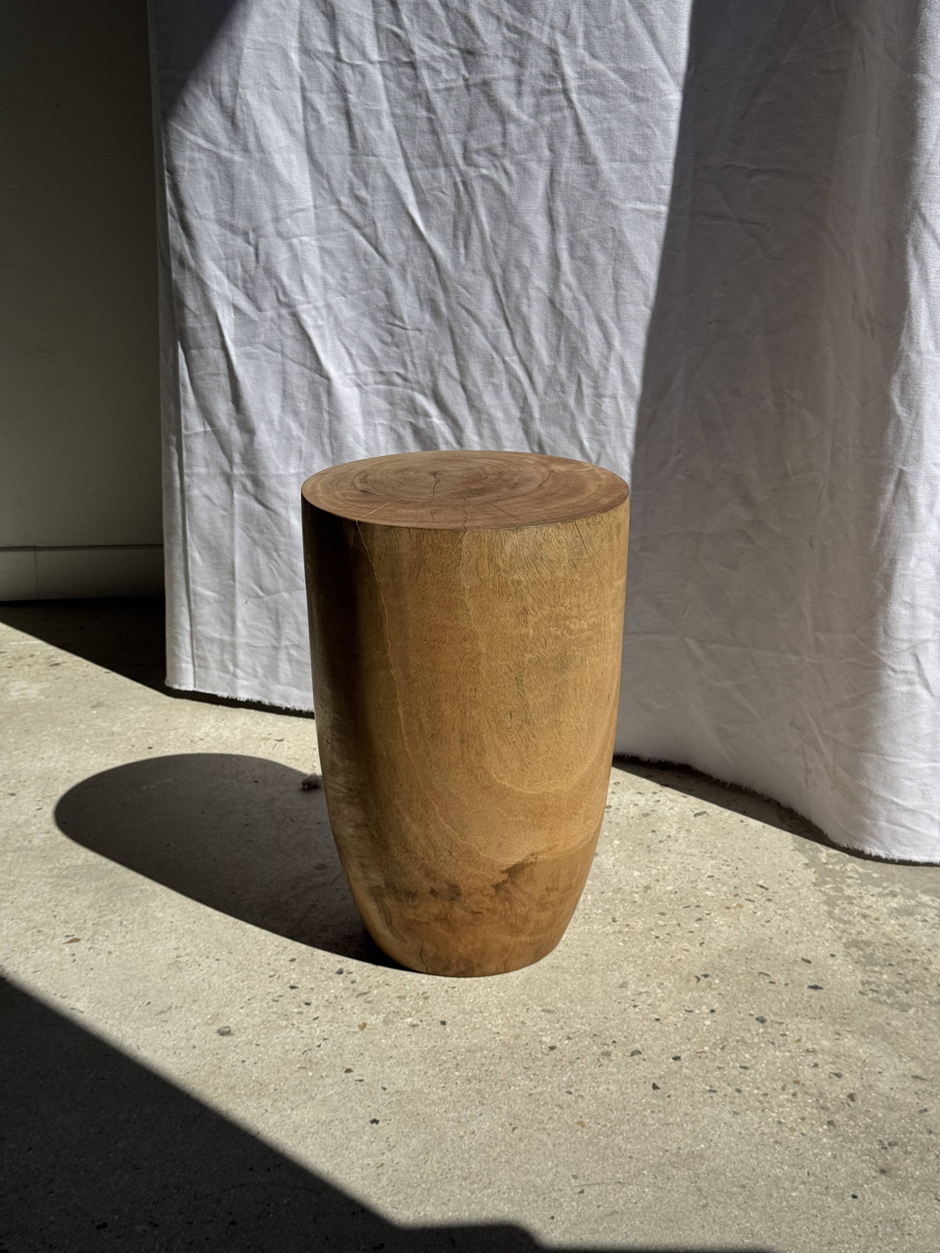 Stool, side table, cylindrical solid mango wood end table.