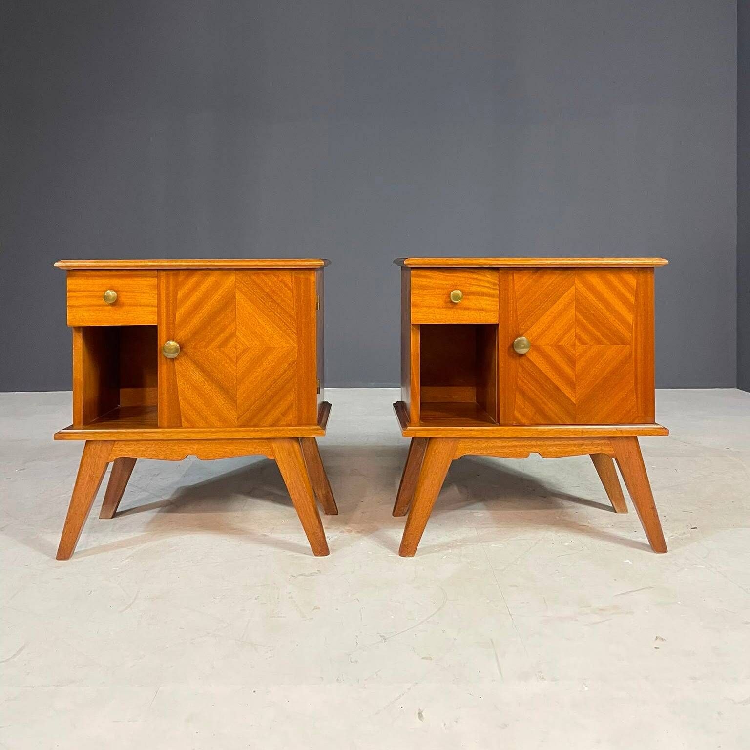 Pair of vintage mid-century modern wooden bedside tables / nightstands