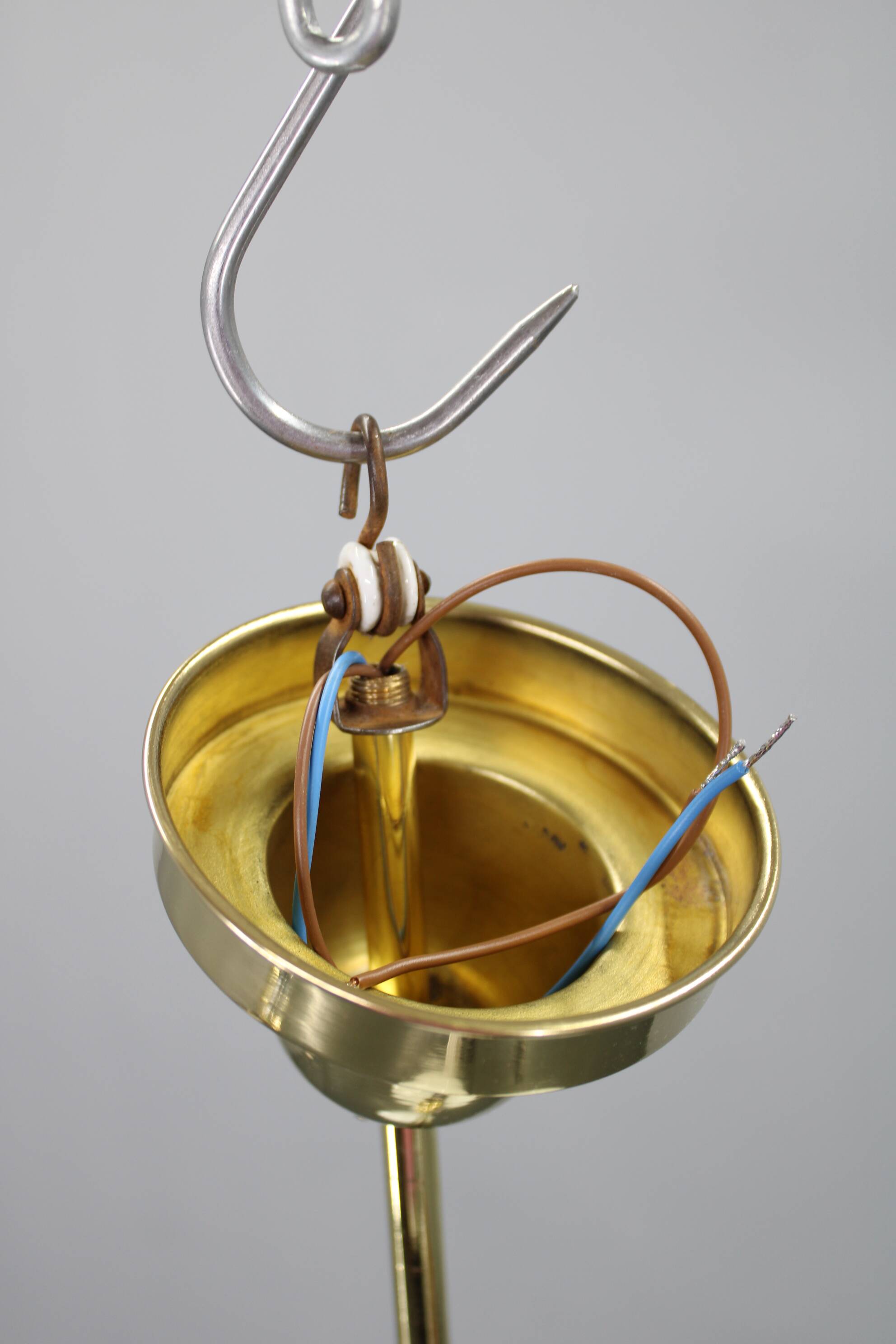 Art Deco brass chandelier with opaline glass, Czechoslovakia, 1930s