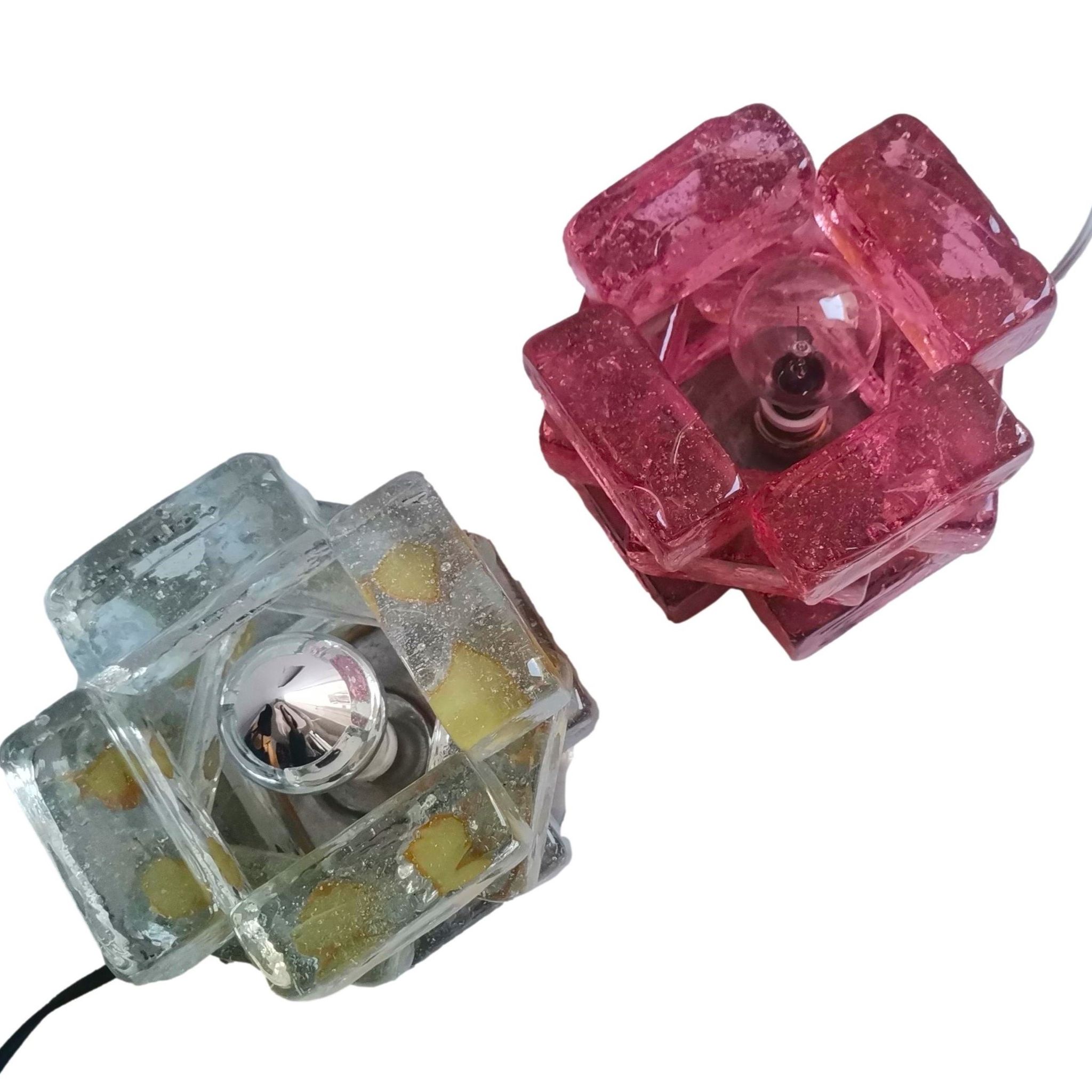Brutalist solid bubble glass clear and red table lamps 1960s, set of 2