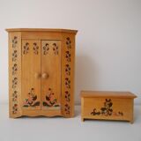 Wooden doll furniture, wardrobe and chest