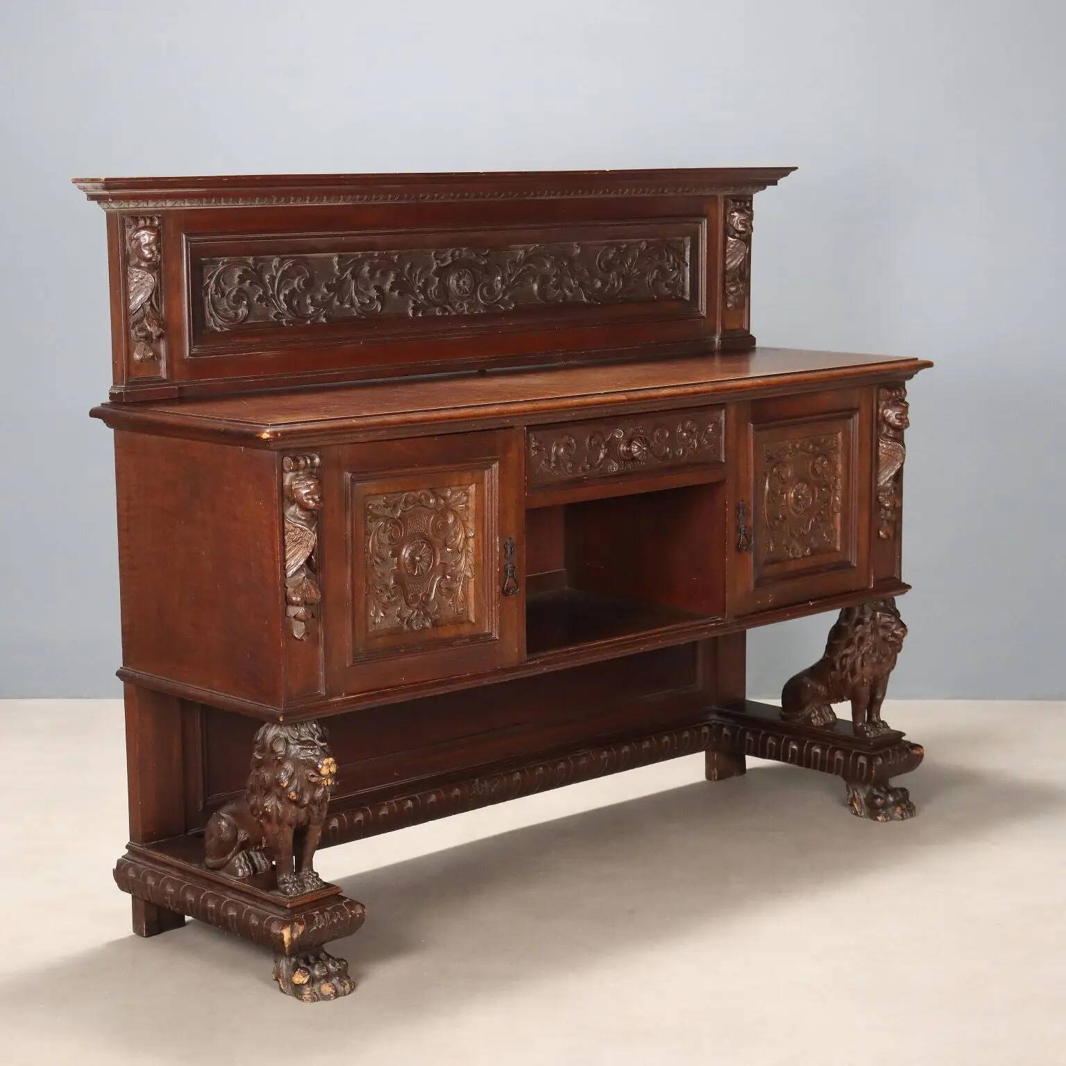 Antique neo-Renaissance walnut buffet, Italy, early 20th century.