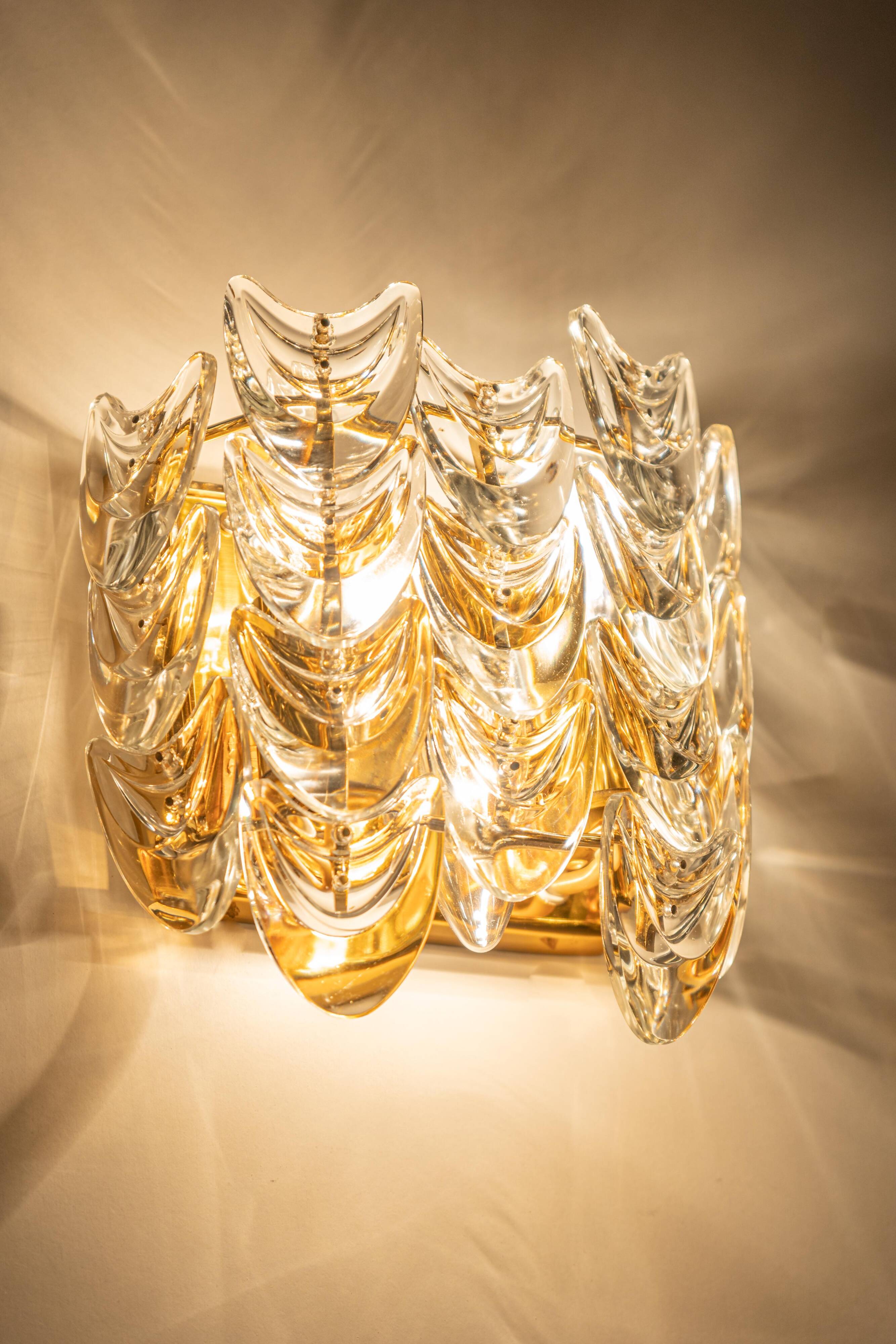 Pair of wall sconces in gilded brass and crystal, Sciolari design, Palwa, Germany, 1960s.