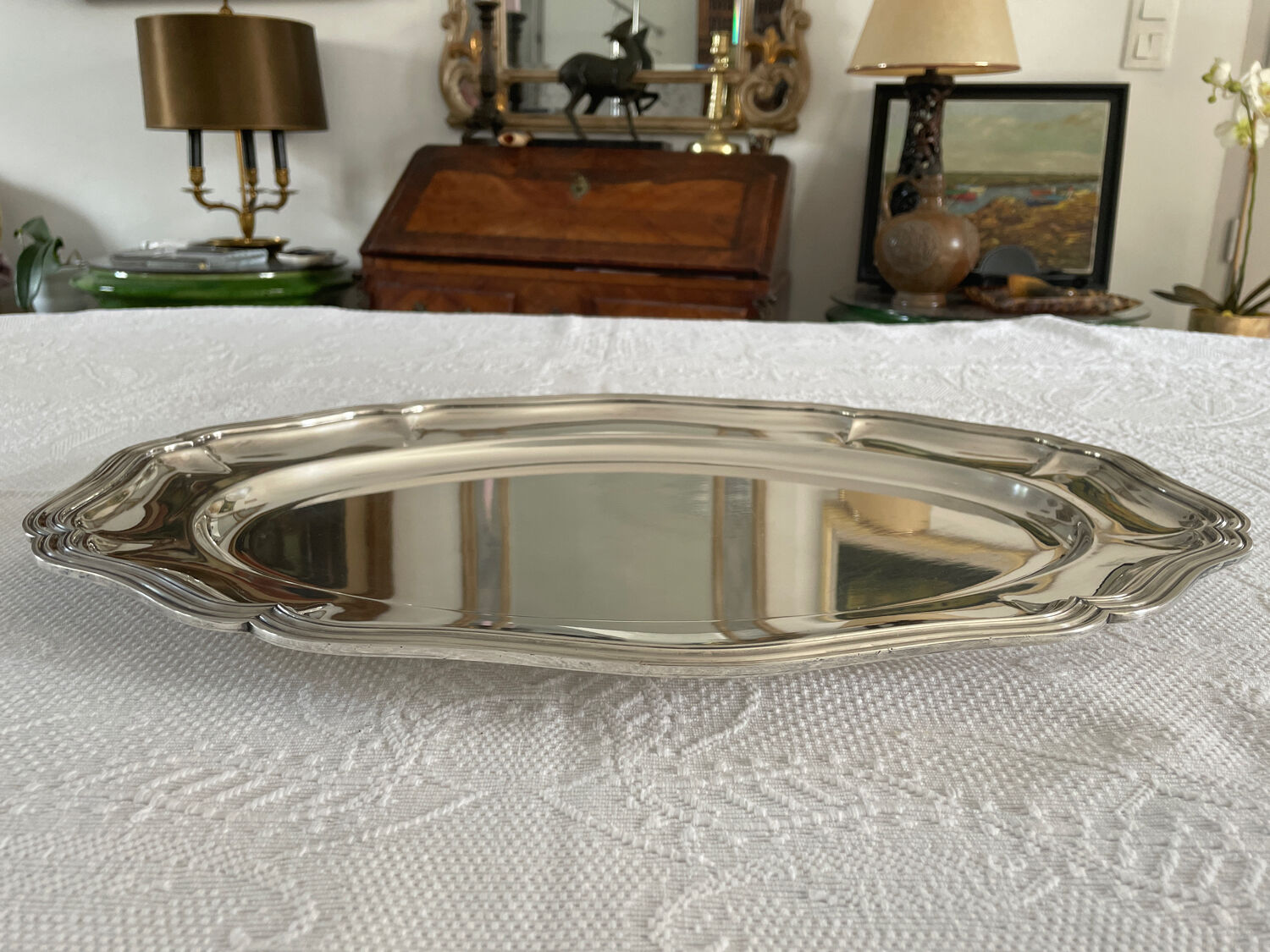 Large plate in silver metal goldsmith Orbrille 51 x 35 cm.