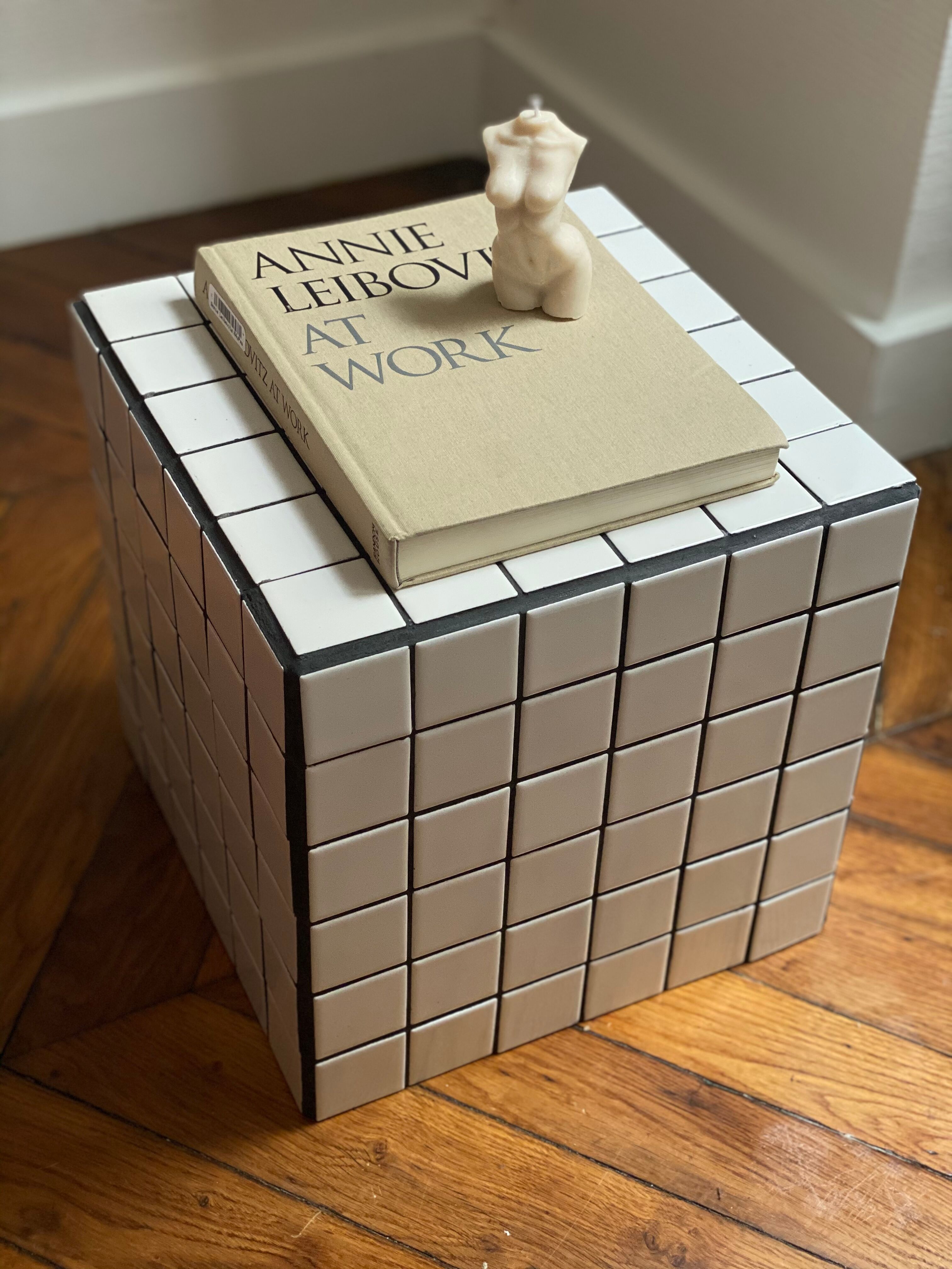Checkerboard cube bedside table tiled white retro black tile