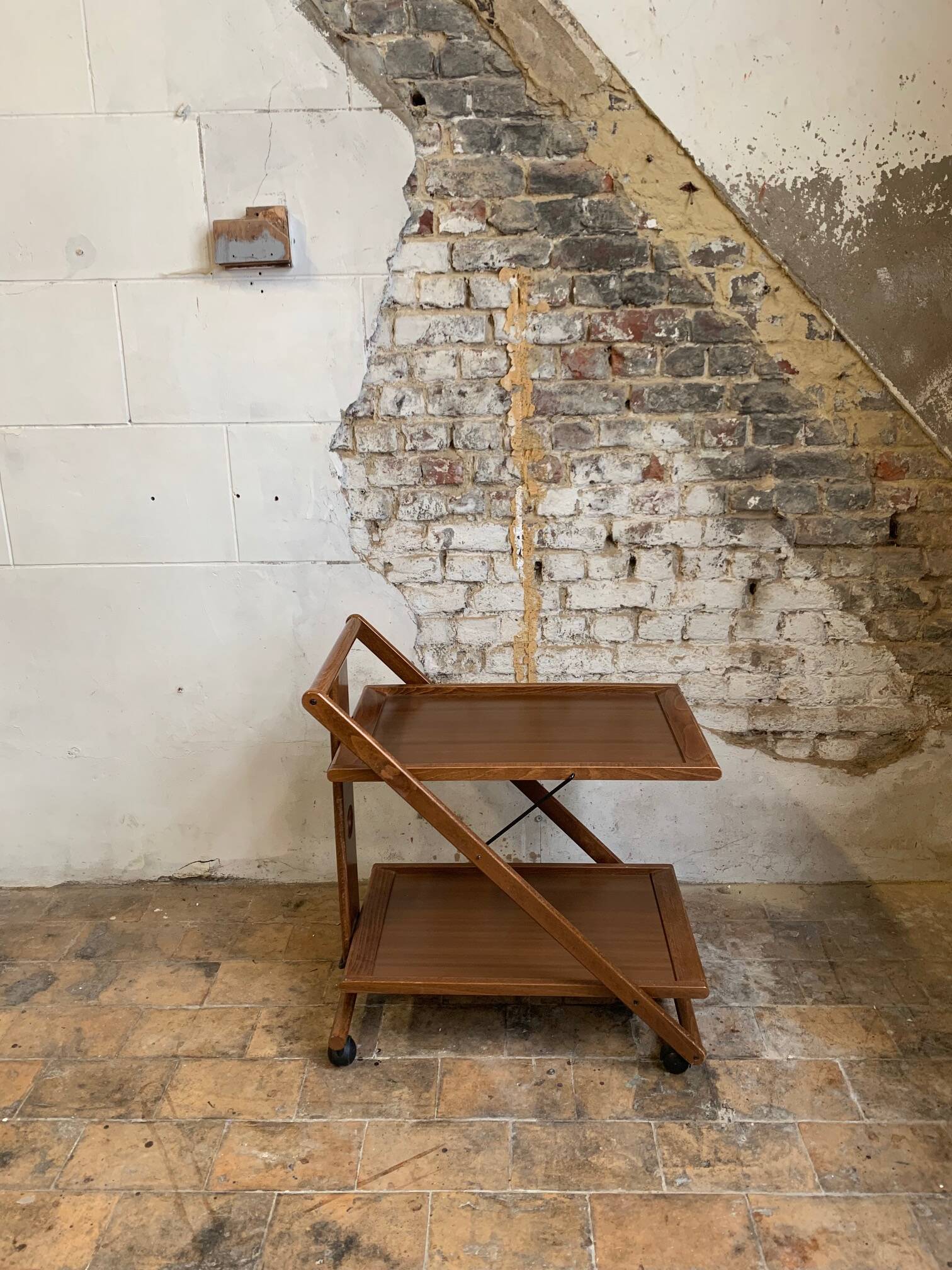 Mid-century modern folding wooden service trolley from the 1960s