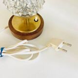 Vintage Mid-Century Scandinavian lamp in wood, brass, and pressed glass with spikes.