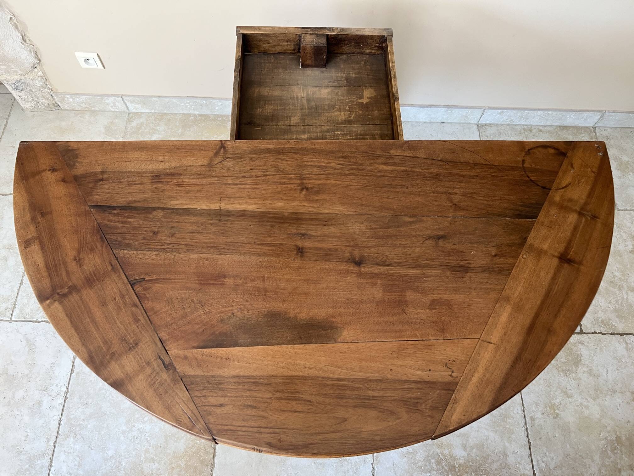 Louis-Philippe XIXth century demi-lune console table in solid walnut – seats 6 people.