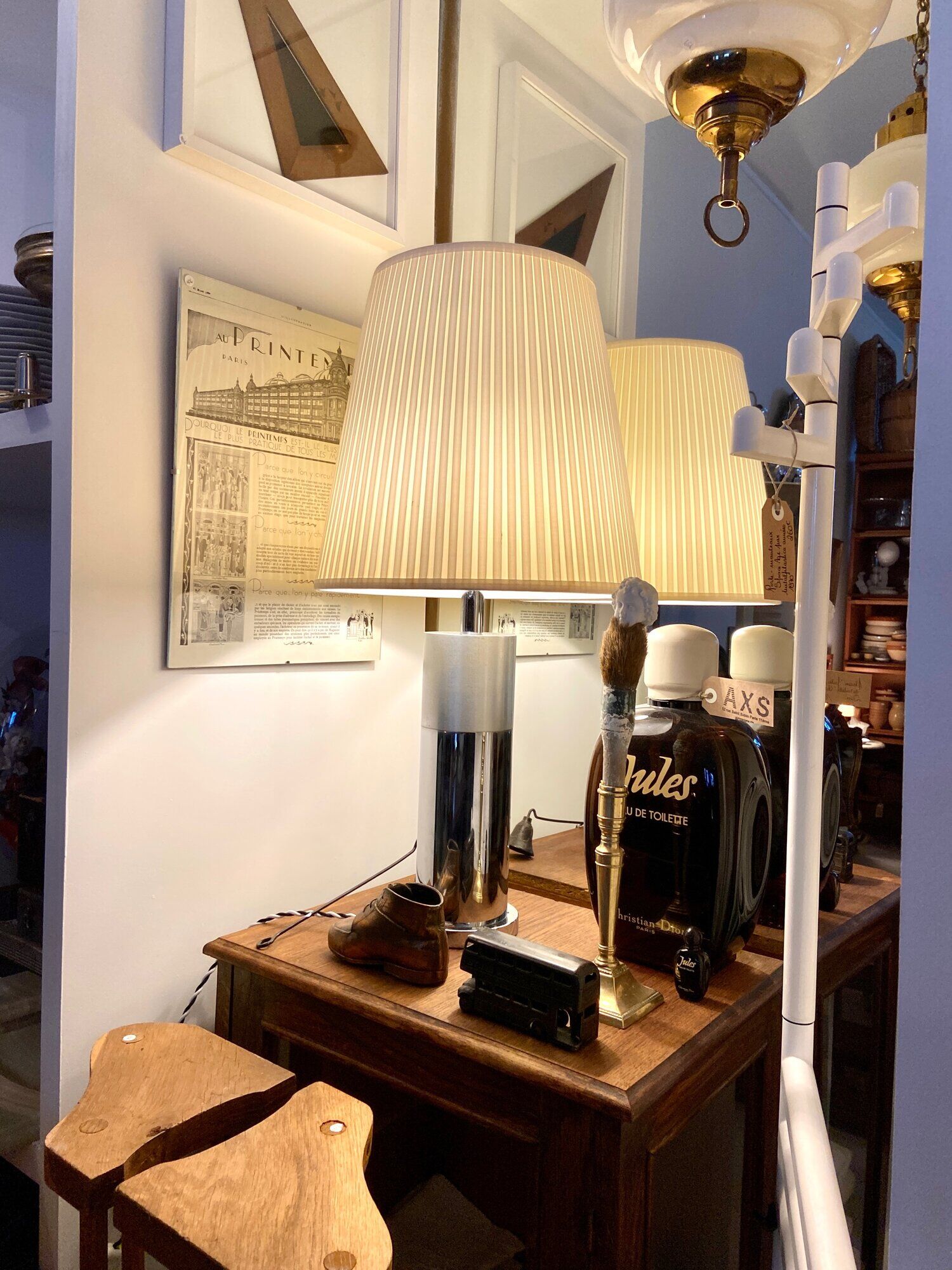 Table lamp in beige pleated cotton and chrome aluminum