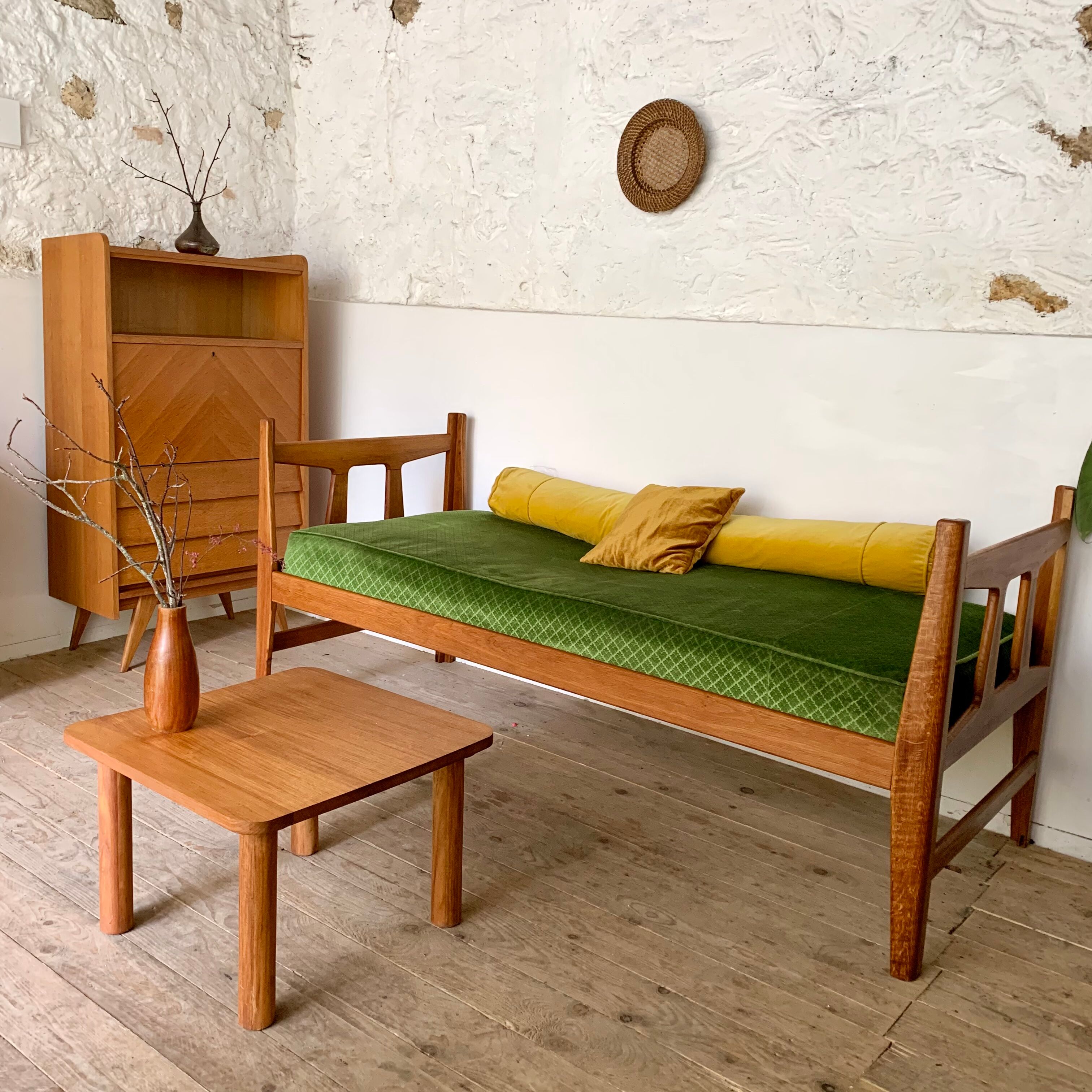 Daybed bed bench in vintage solid oak - 2 available