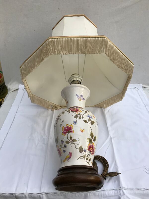 Lampe céramique Moustiers & socle bois avec abat-jour tissu beige vintage