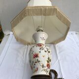 Lampe céramique Moustiers & socle bois avec abat-jour tissu beige vintage