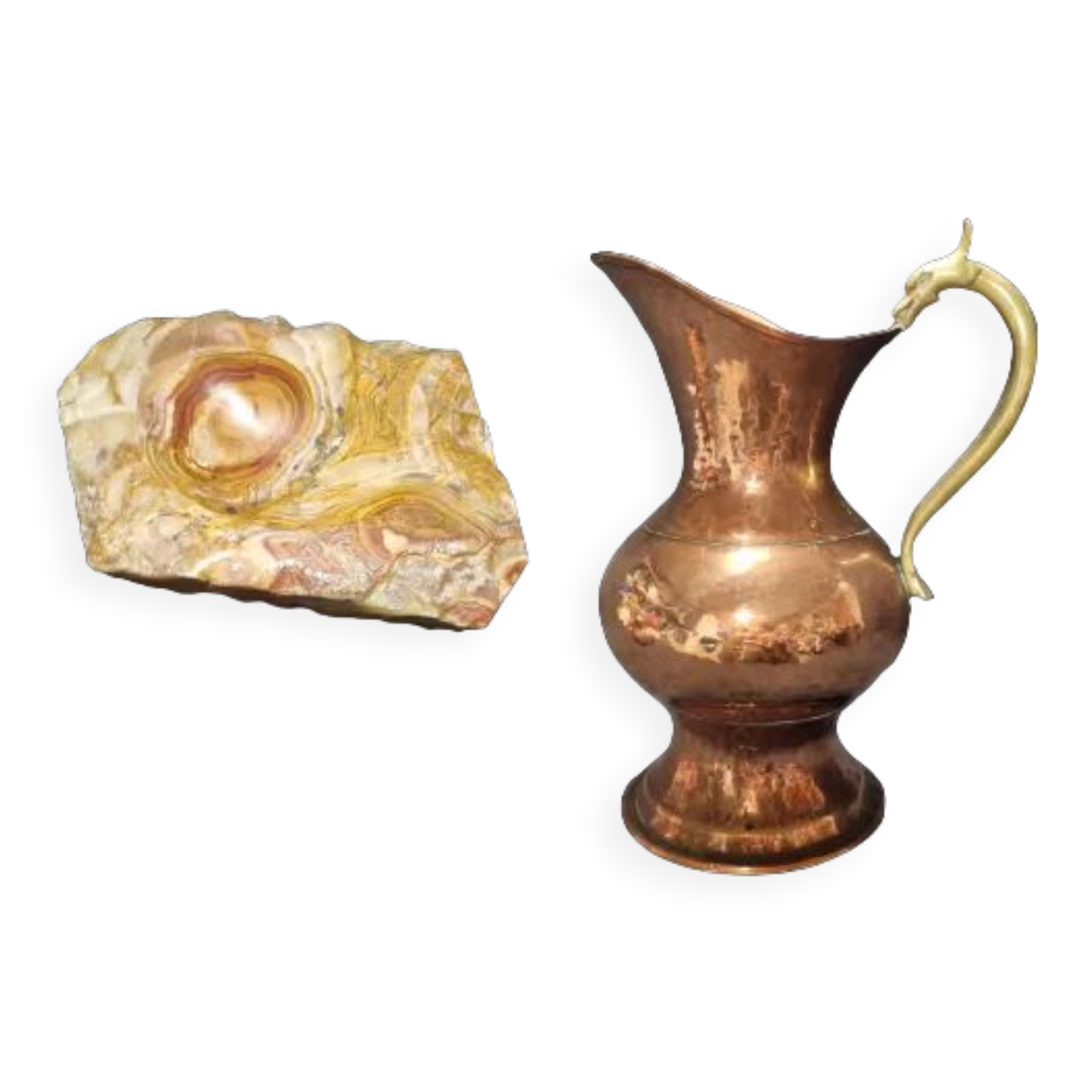 Lot copper pitcher and marble ashtray