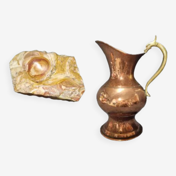 Lot copper pitcher and marble ashtray